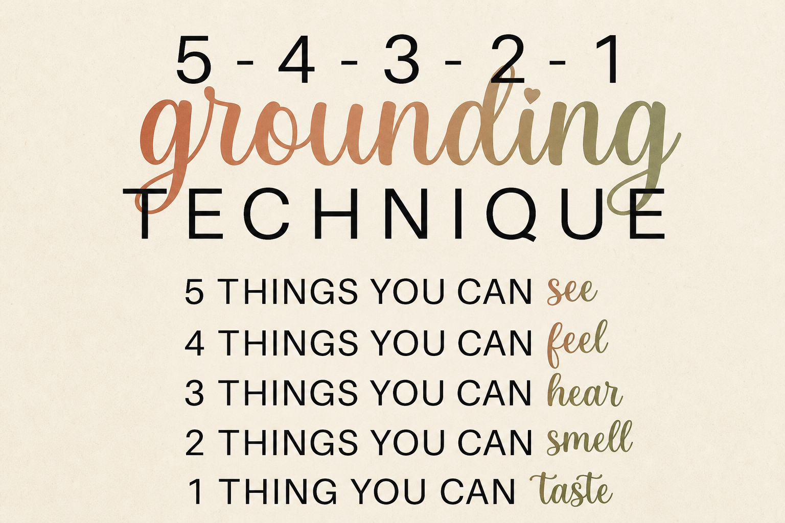 5-4-3-2-1 grounding technique: see, feel, hear, smell, taste