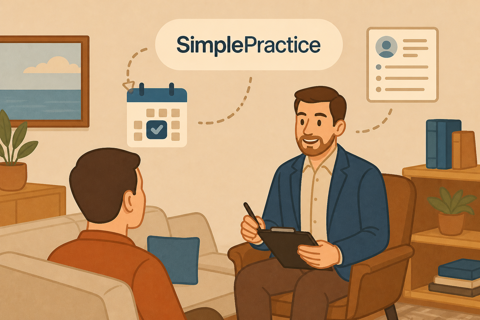 Illustrated therapy session with SimplePractice calendar and client-record icons