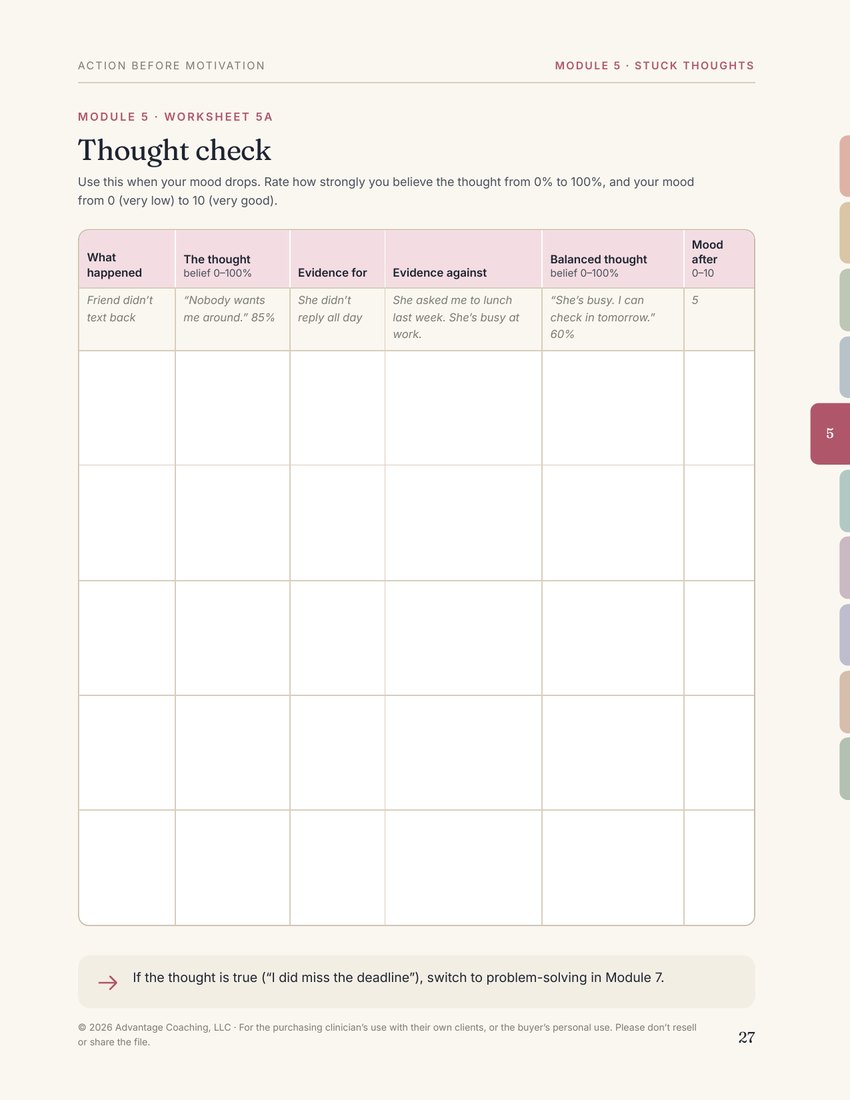 Preview of page 27, Worksheet 5A: thought check, from Action Before Motivation