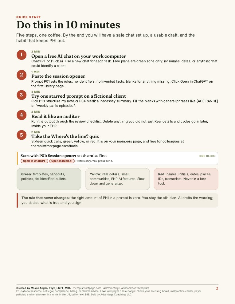 Preview of page 3, Quick start: do this in 10 minutes, from Prompt Safely: The AI Prompting Handbook for Therapists