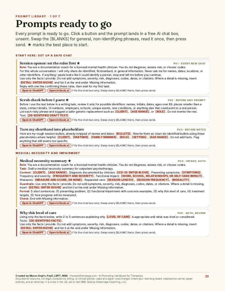 Preview of page 29, Prompt Library 1: Start here, Medical necessity and impairment, from Prompt Safely: The AI Prompting Handbook for Therapists