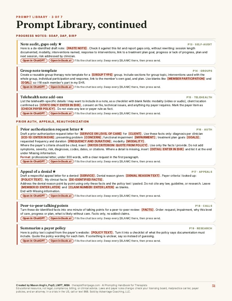 Preview of page 31, Prompt Library 3: Progress notes, Prior auth, from Prompt Safely: The AI Prompting Handbook for Therapists