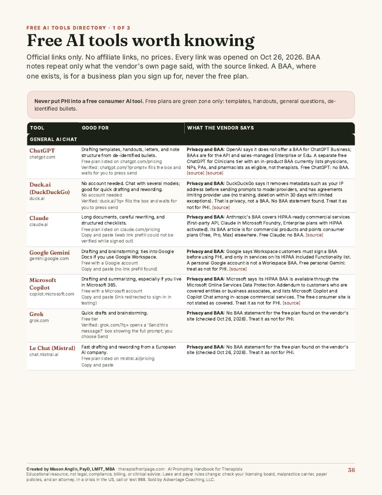 Preview of page 36, Free AI tools directory 1, from Prompt Safely: The AI Prompting Handbook for Therapists
