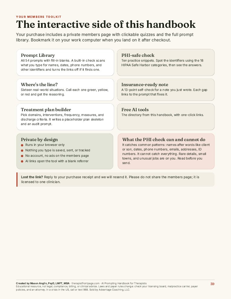 Preview of page 39, Your members toolkit and quizzes, from Prompt Safely: The AI Prompting Handbook for Therapists