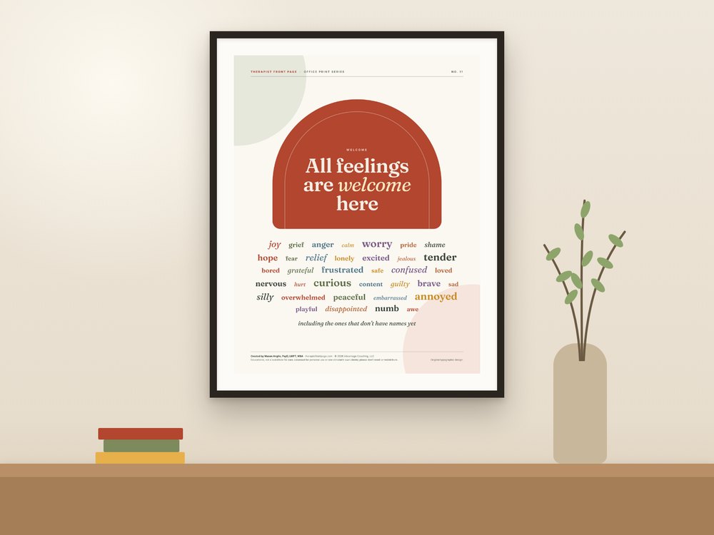 The All Feelings Are Welcome Here Print printable in a frame on a wall