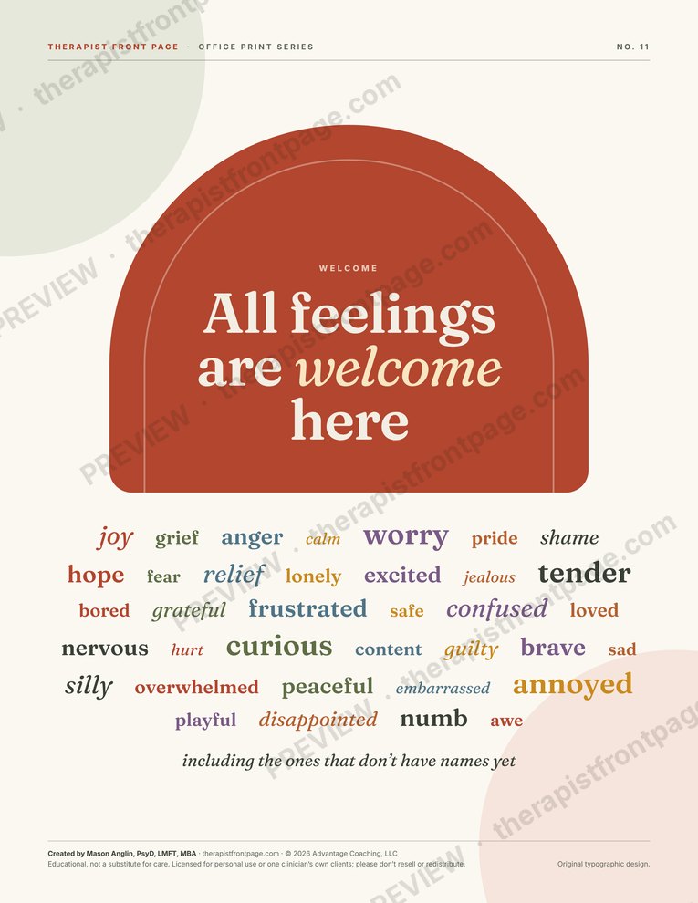 Full page preview of the All Feelings Are Welcome Here Print printable