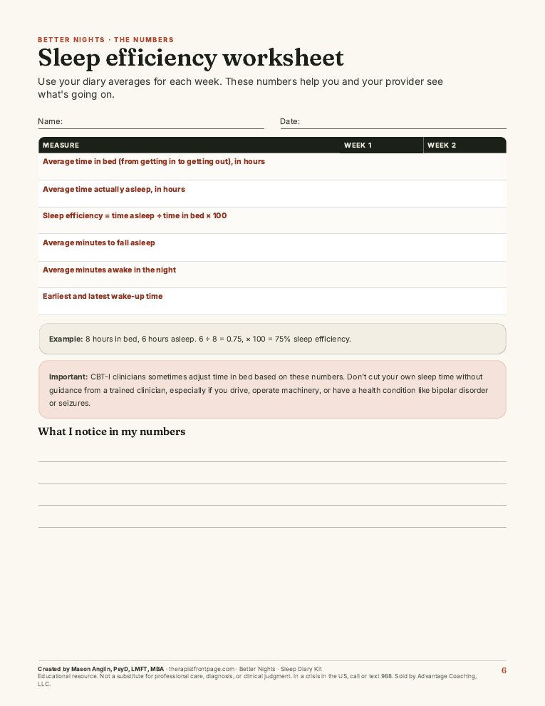 Preview of page 6, Sleep efficiency worksheet, from Better Nights: Sleep Diary Kit
