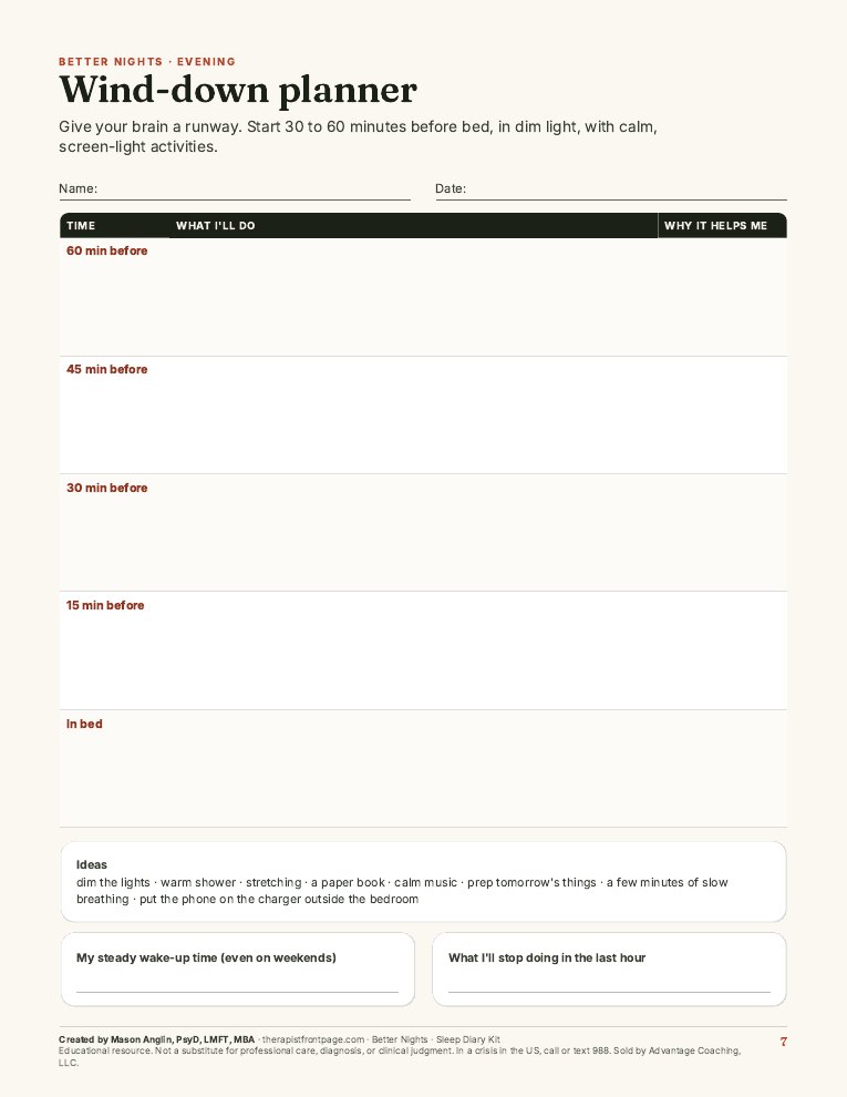 Preview of page 7, Wind-down planner, from Better Nights: Sleep Diary Kit