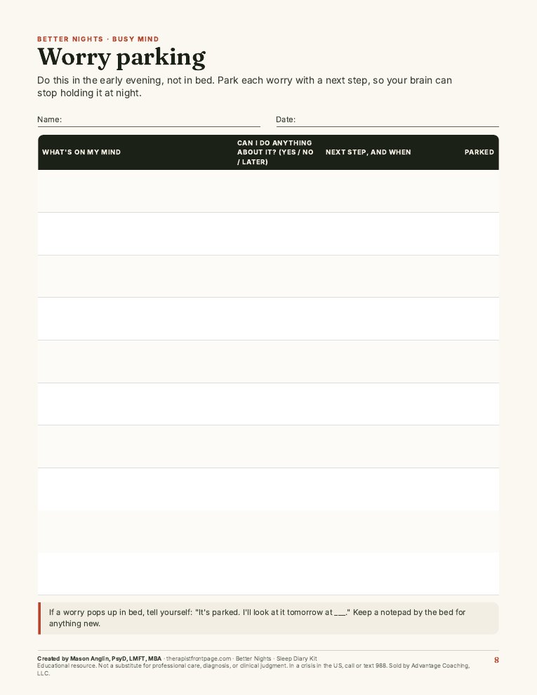 Preview of page 8, Worry parking, from Better Nights: Sleep Diary Kit