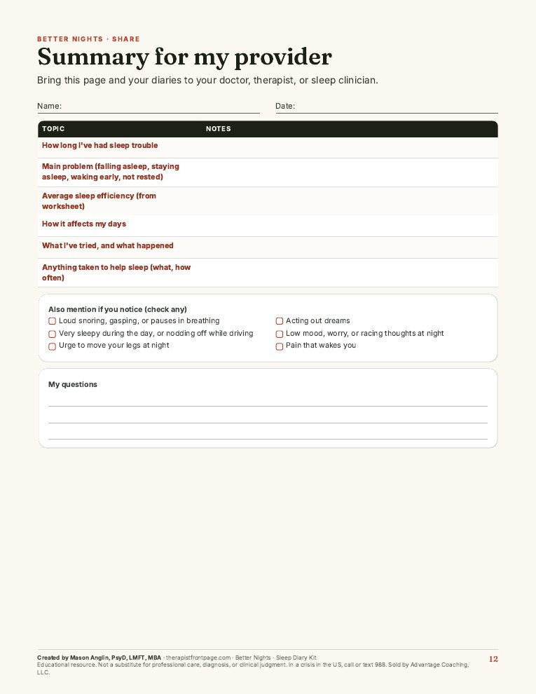 Preview of page 12, Summary for my provider, from Better Nights: Sleep Diary Kit