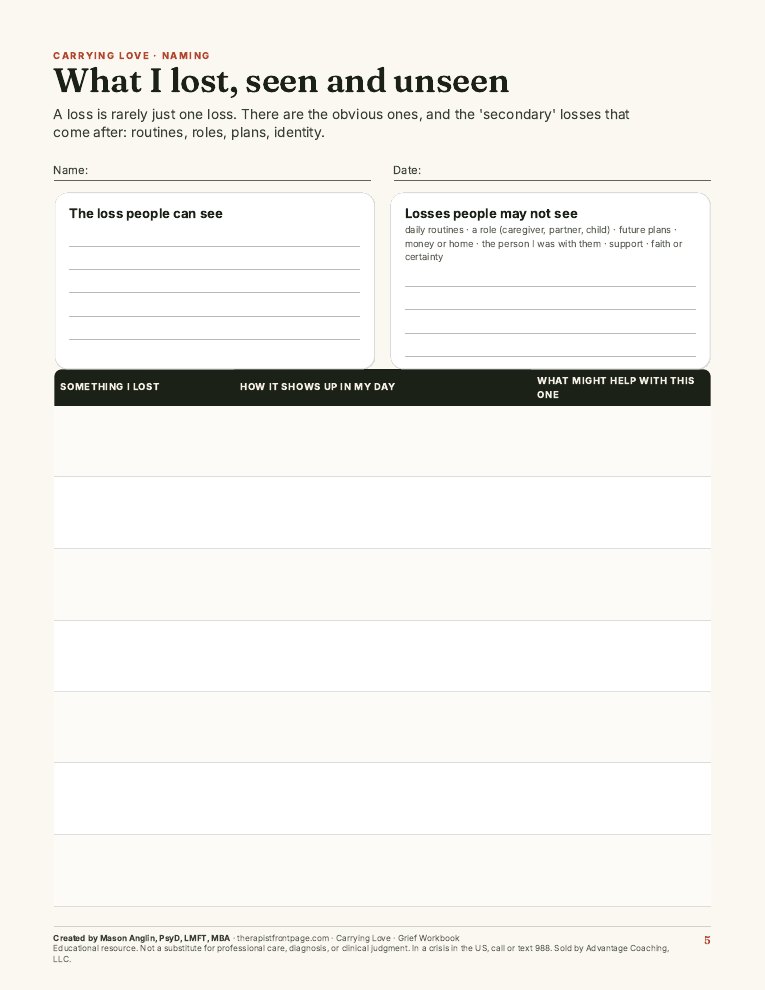 Preview of page 5, What I lost, from Carrying Love: Grief Workbook