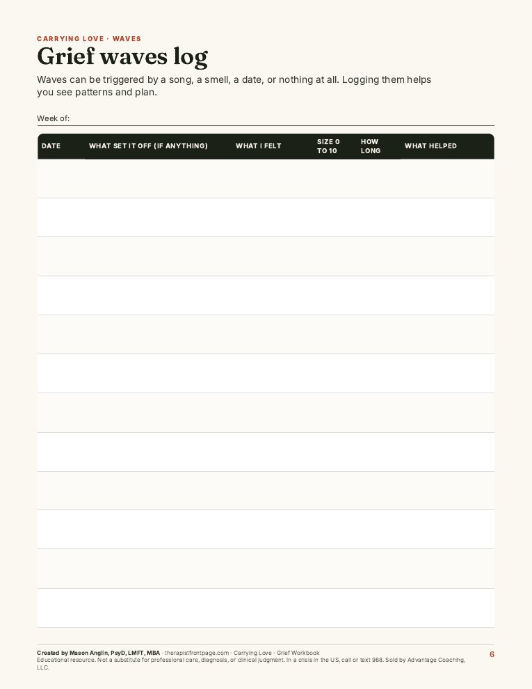 Preview of page 6, Grief waves log, from Carrying Love: Grief Workbook
