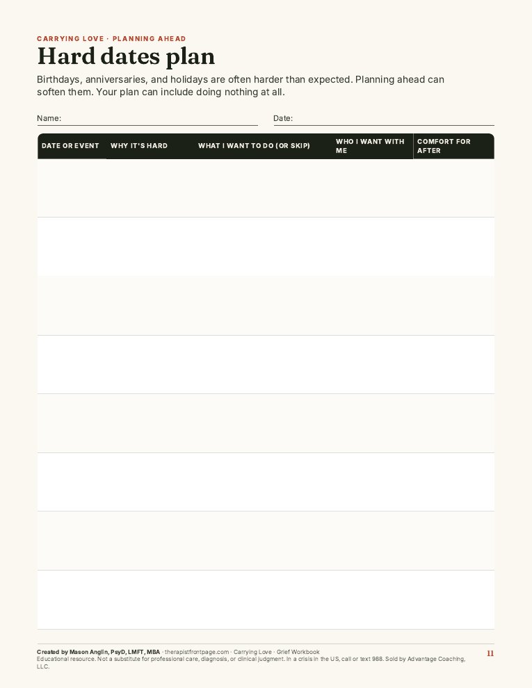 Preview of page 11, Hard dates plan, from Carrying Love: Grief Workbook