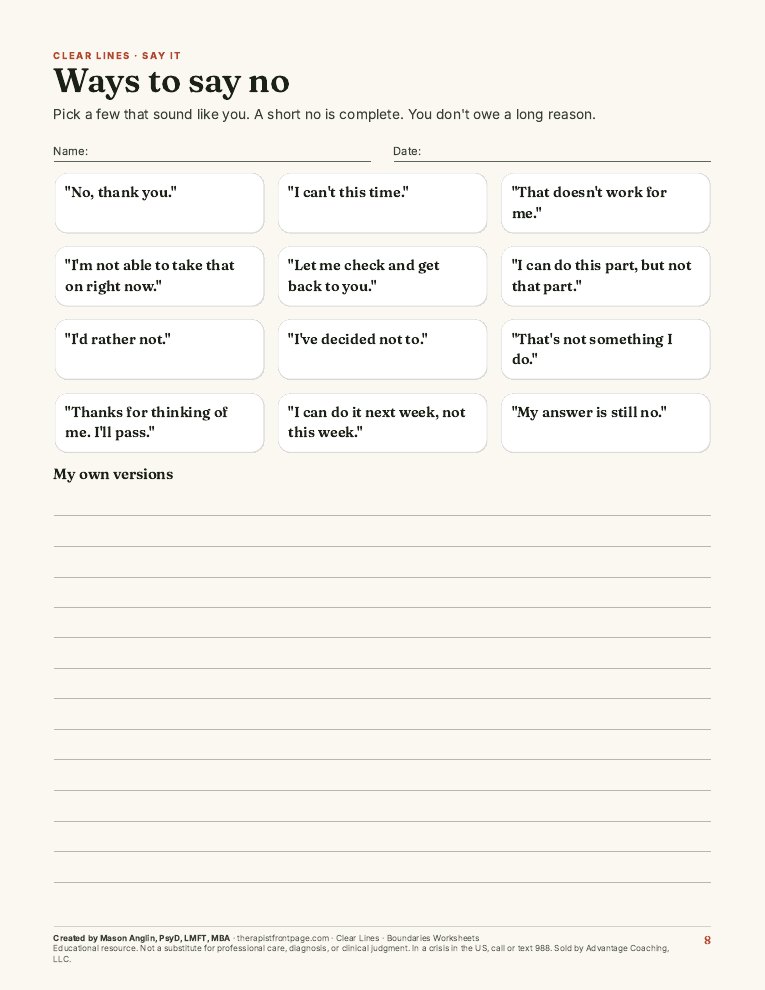 Preview of page 8, Ways to say no, from Clear Lines: Boundaries Worksheets