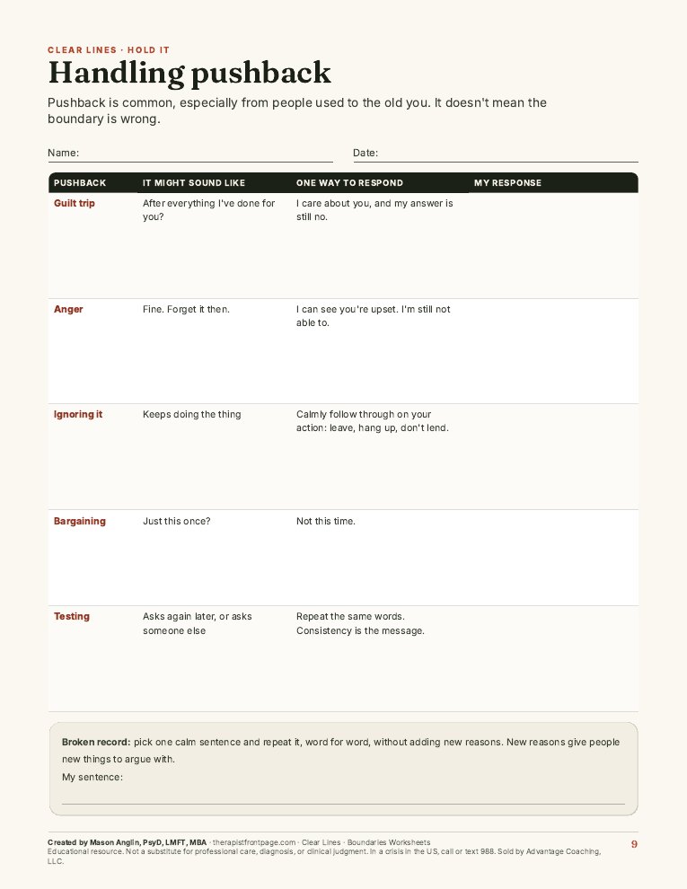 Preview of page 9, Handling pushback, from Clear Lines: Boundaries Worksheets