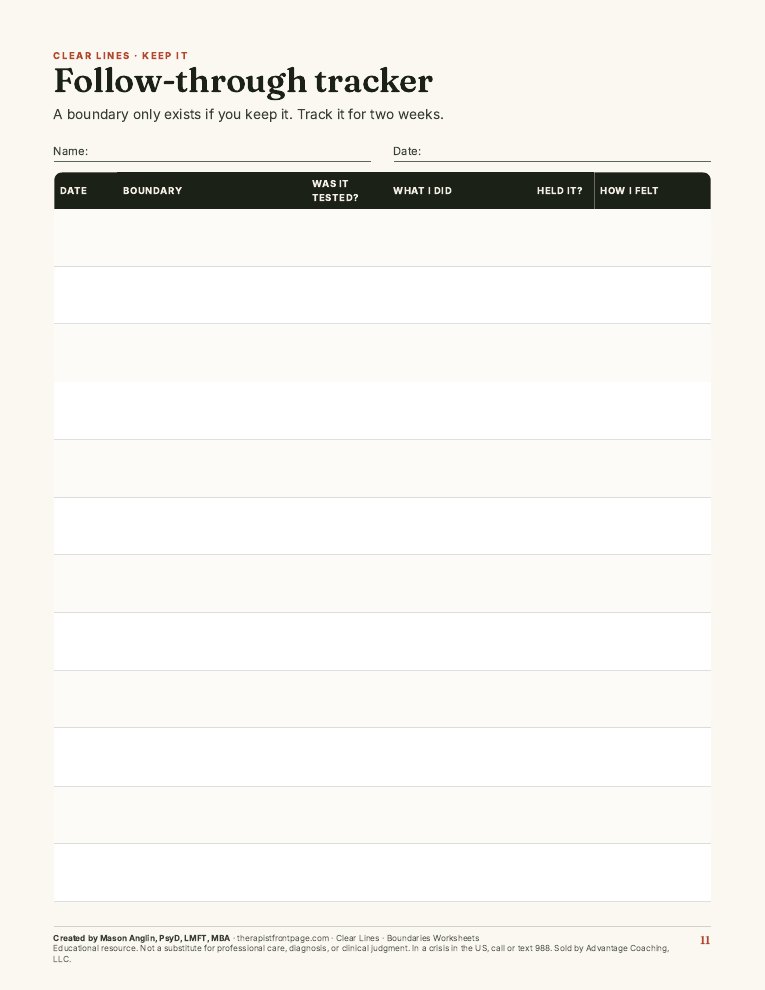 Preview of page 11, Follow-through tracker, from Clear Lines: Boundaries Worksheets