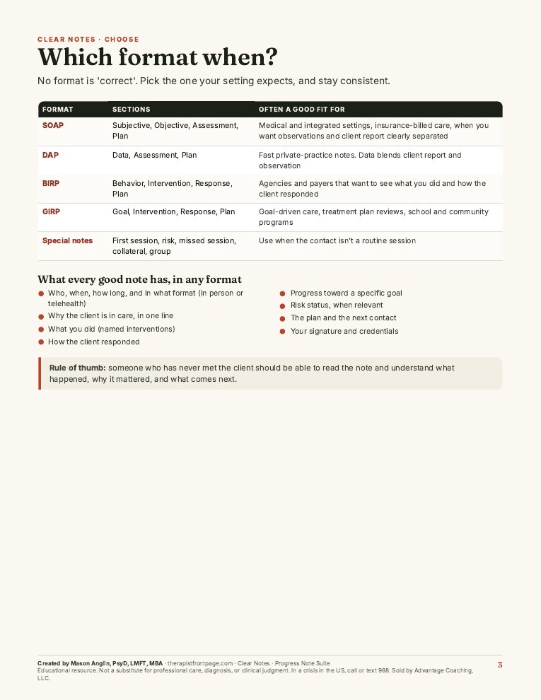 Preview of page 3, Which format when?, from Clear Notes: Progress Note Suite