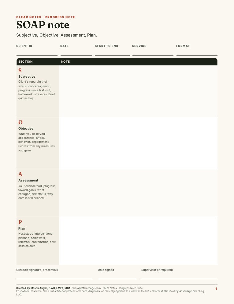Preview of page 4, SOAP note, from Clear Notes: Progress Note Suite