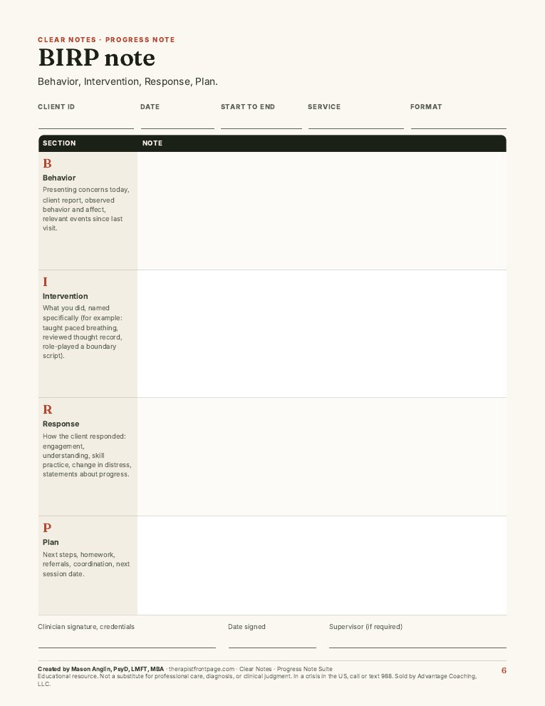 Preview of page 6, BIRP note, from Clear Notes: Progress Note Suite