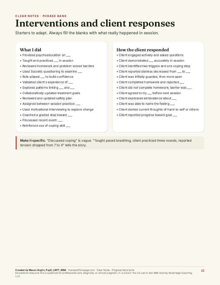 Preview of page 13, Phrase bank: interventions and responses, from Clear Notes: Progress Note Suite