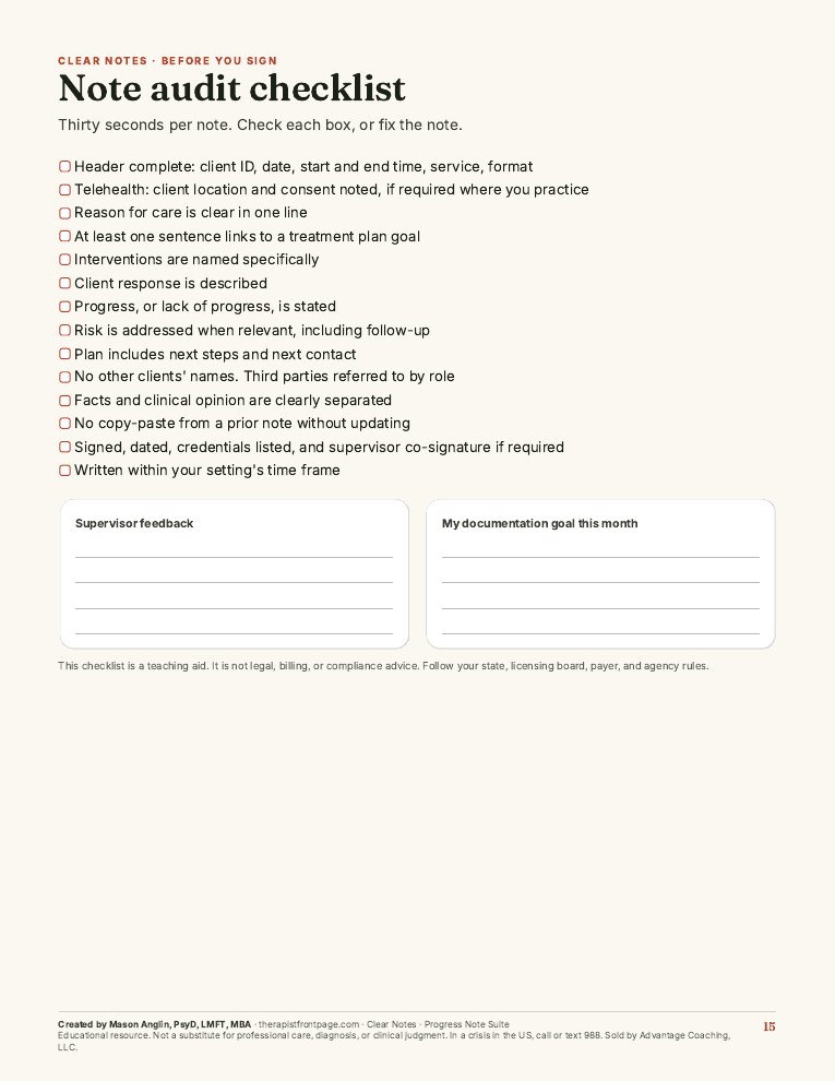 Preview of page 15, Note audit checklist, from Clear Notes: Progress Note Suite