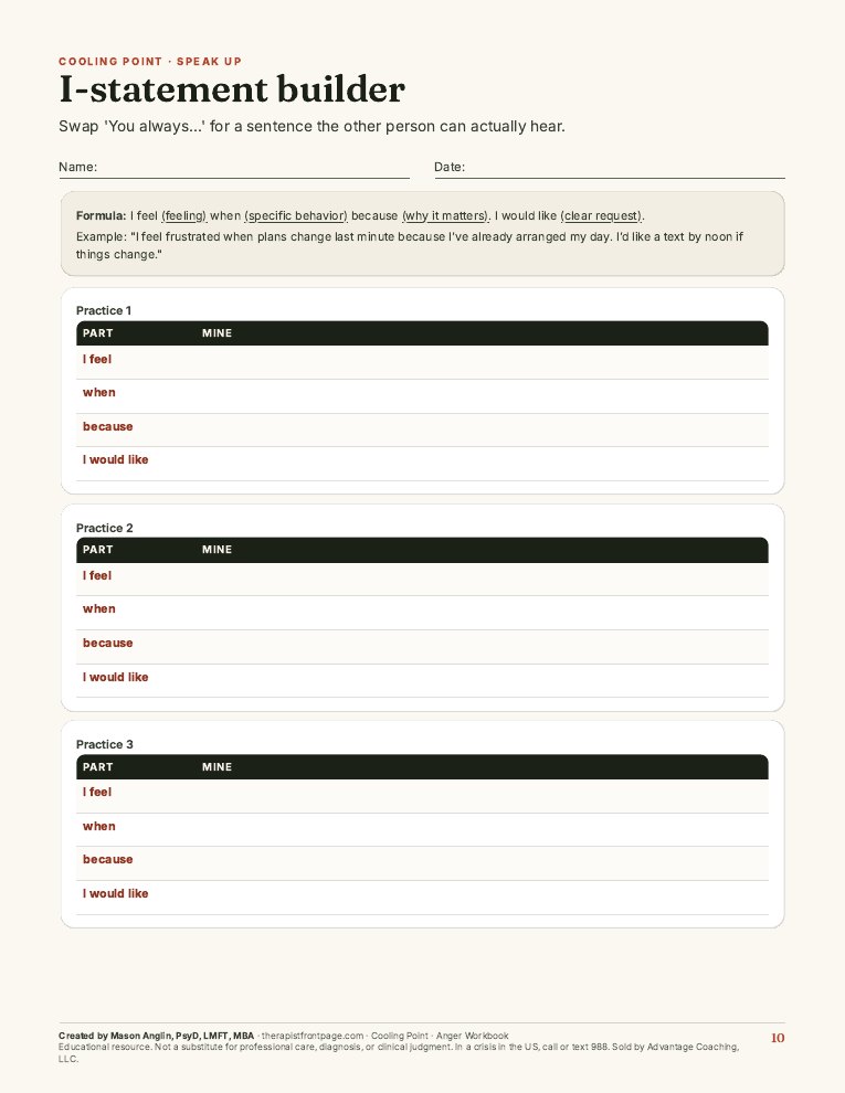 Preview of page 10, I-statement builder, from Cooling Point: Anger Workbook