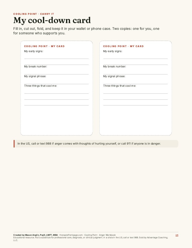 Preview of page 13, My cool-down card, from Cooling Point: Anger Workbook