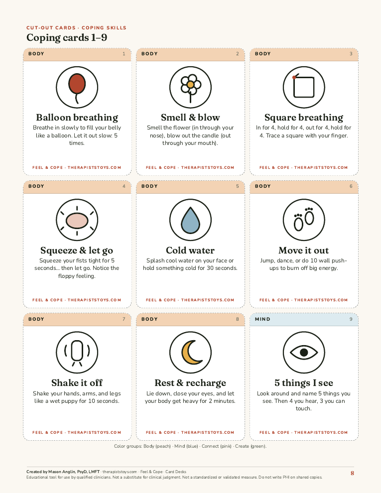 Preview of page 8, Coping cards 1–9, from Feel & Cope: Feelings and Coping Card Decks