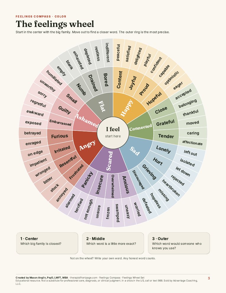 Preview of page 3, Feelings wheel, color, from Feelings Compass: Feelings Wheel Set