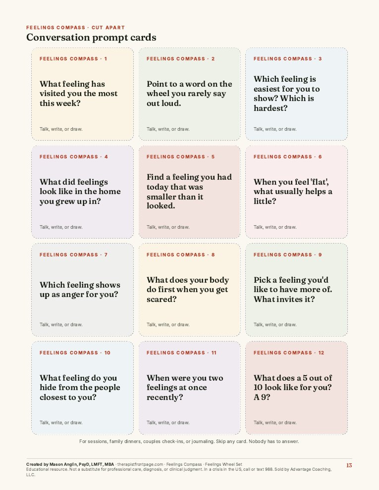 Preview of page 13, Conversation prompt cards, from Feelings Compass: Feelings Wheel Set
