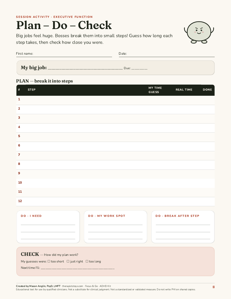 Preview of page 8, Plan–Do–Check, from Focus & Go: ADHD Kit