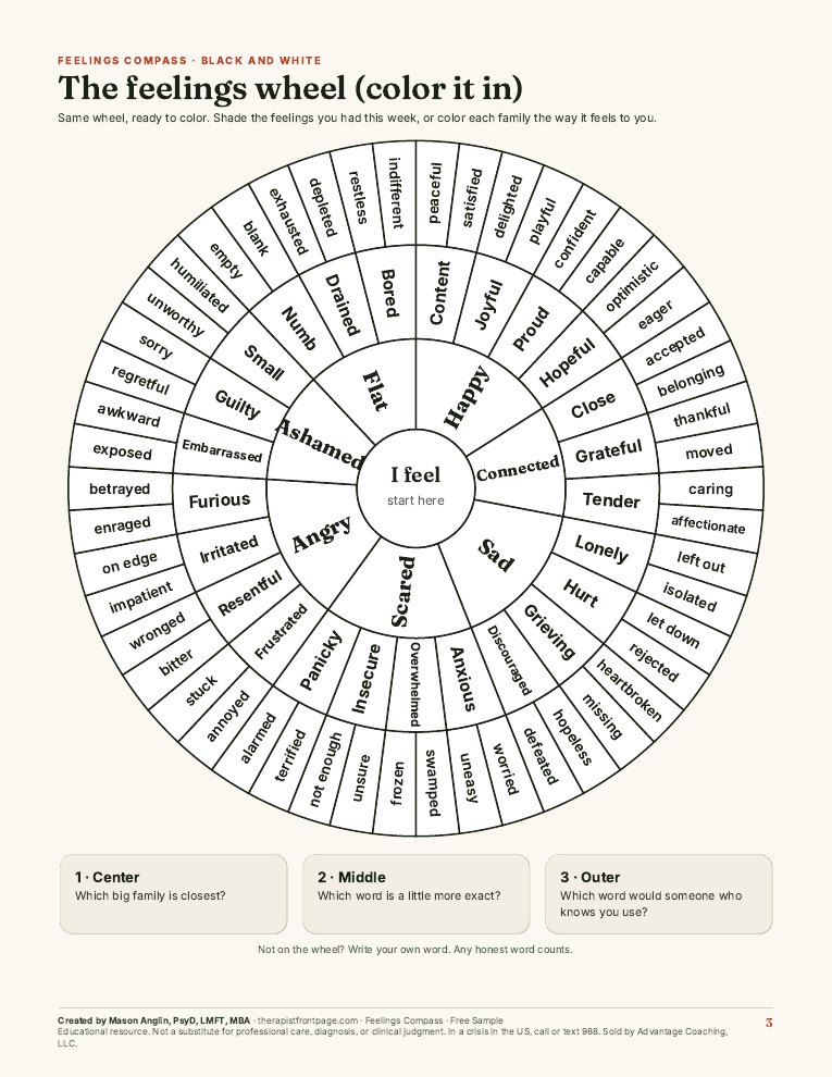 Preview of page 3, Feelings wheel, black and white, from Free Feelings Wheel Printable