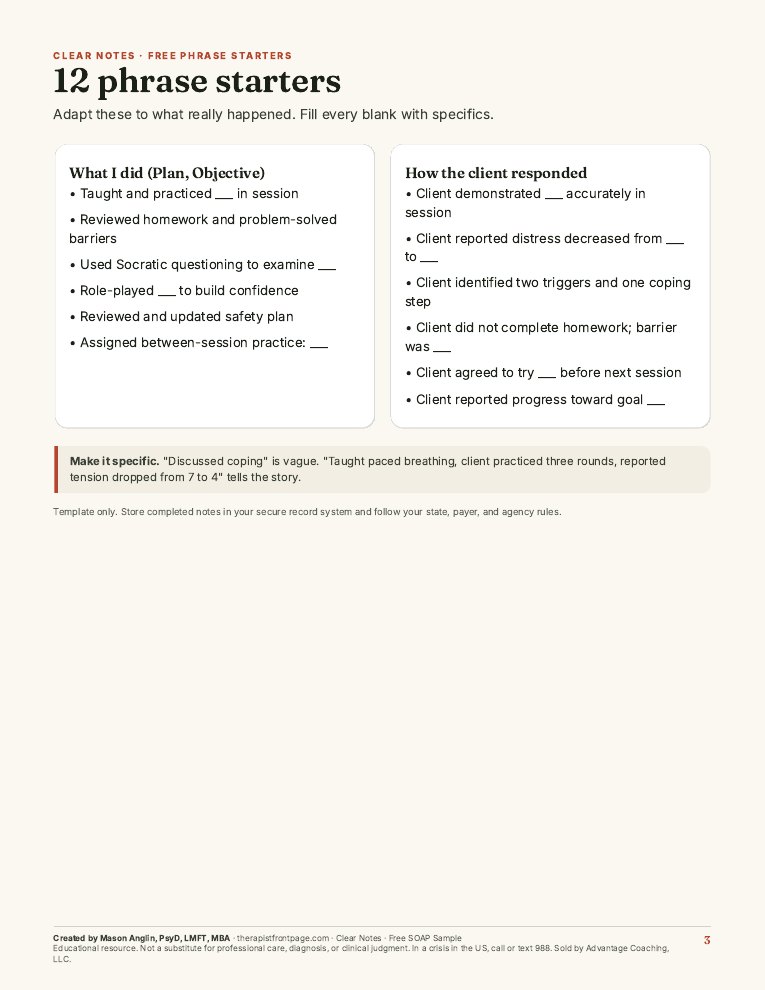 Preview of page 3, 12 phrase starters, from Free SOAP Note Template (Fillable)