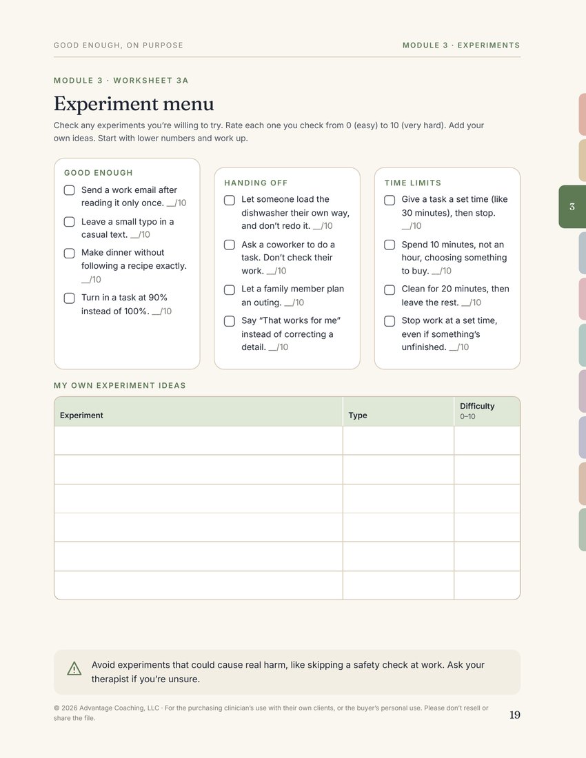 Preview of page 19, Worksheet 3A: experiment menu, from Good Enough, on Purpose