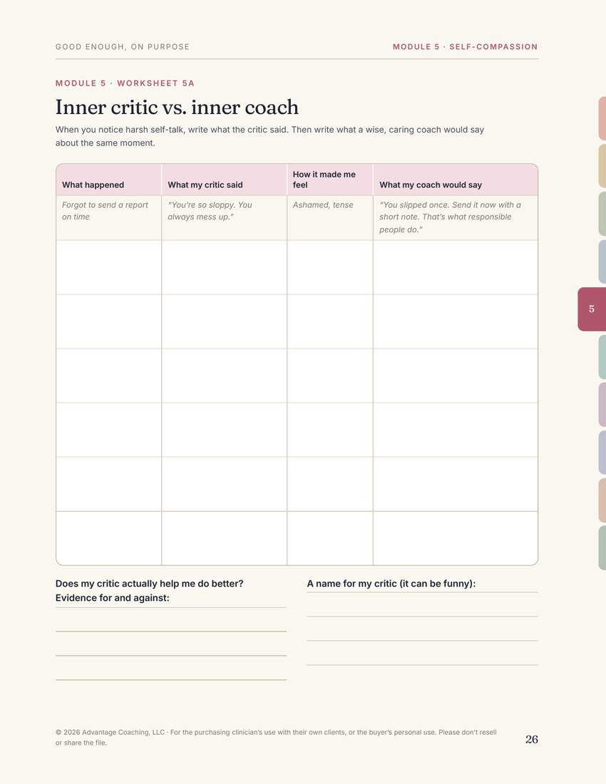 Preview of page 26, Worksheet 5A: inner critic vs. inner coach, from Good Enough, on Purpose