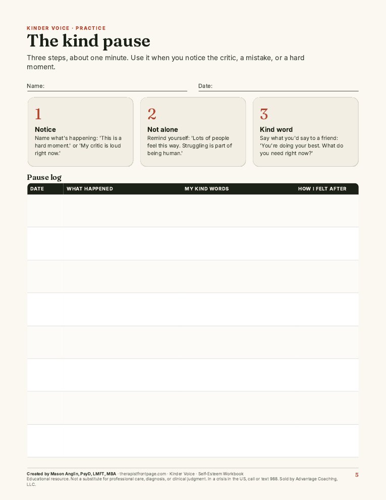 Preview of page 5, The kind pause, from Kinder Voice: Self-Esteem Workbook