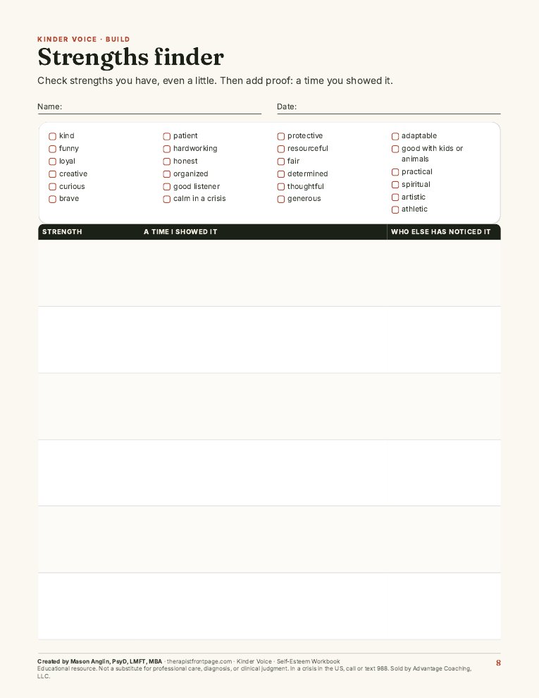 Preview of page 8, Strengths finder, from Kinder Voice: Self-Esteem Workbook
