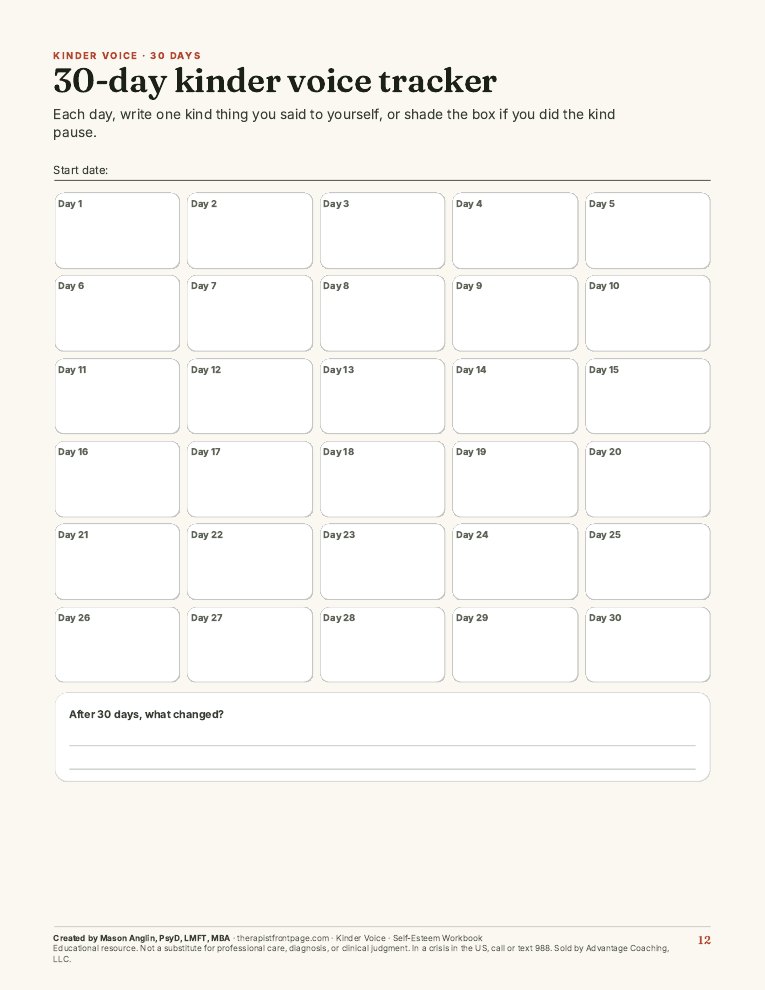 Preview of page 12, 30-day kinder voice tracker, from Kinder Voice: Self-Esteem Workbook