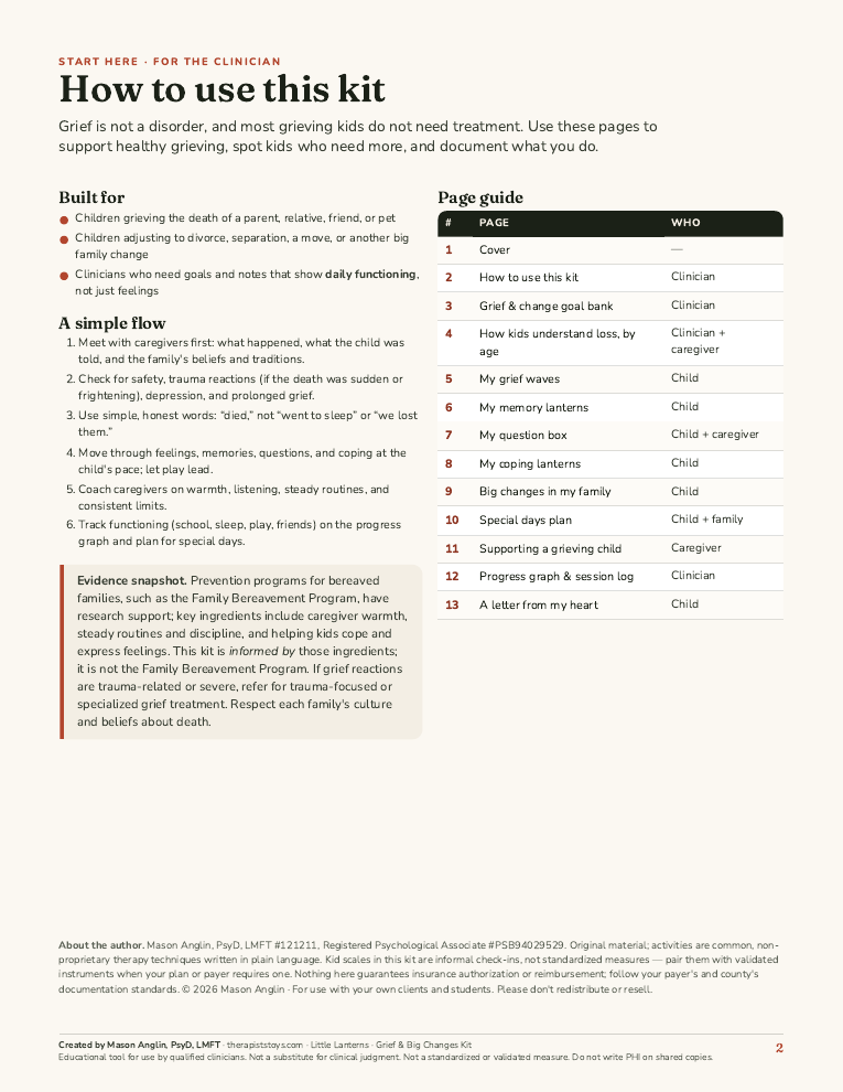 Preview of page 2, How to use this kit, from Little Lanterns: Grief & Big Changes Kit