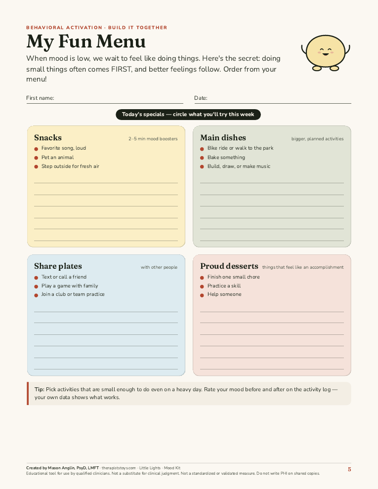 Preview of page 5, My Fun Menu, from Little Lights: Child & Teen Mood Kit