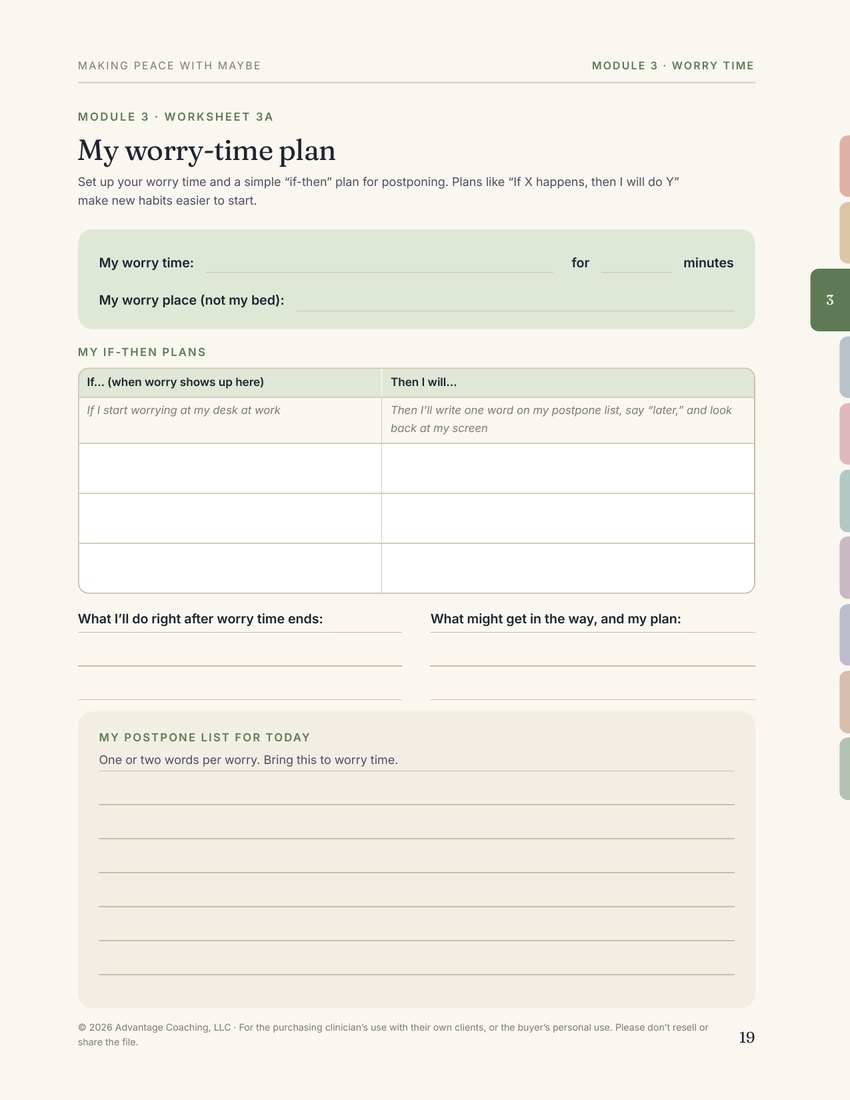 Preview of page 19, Worksheet 3A: my worry-time plan, from Making Peace with Maybe