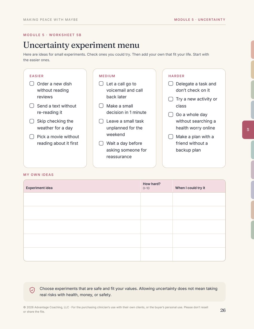 Preview of page 26, Worksheet 5B: uncertainty experiment menu, from Making Peace with Maybe