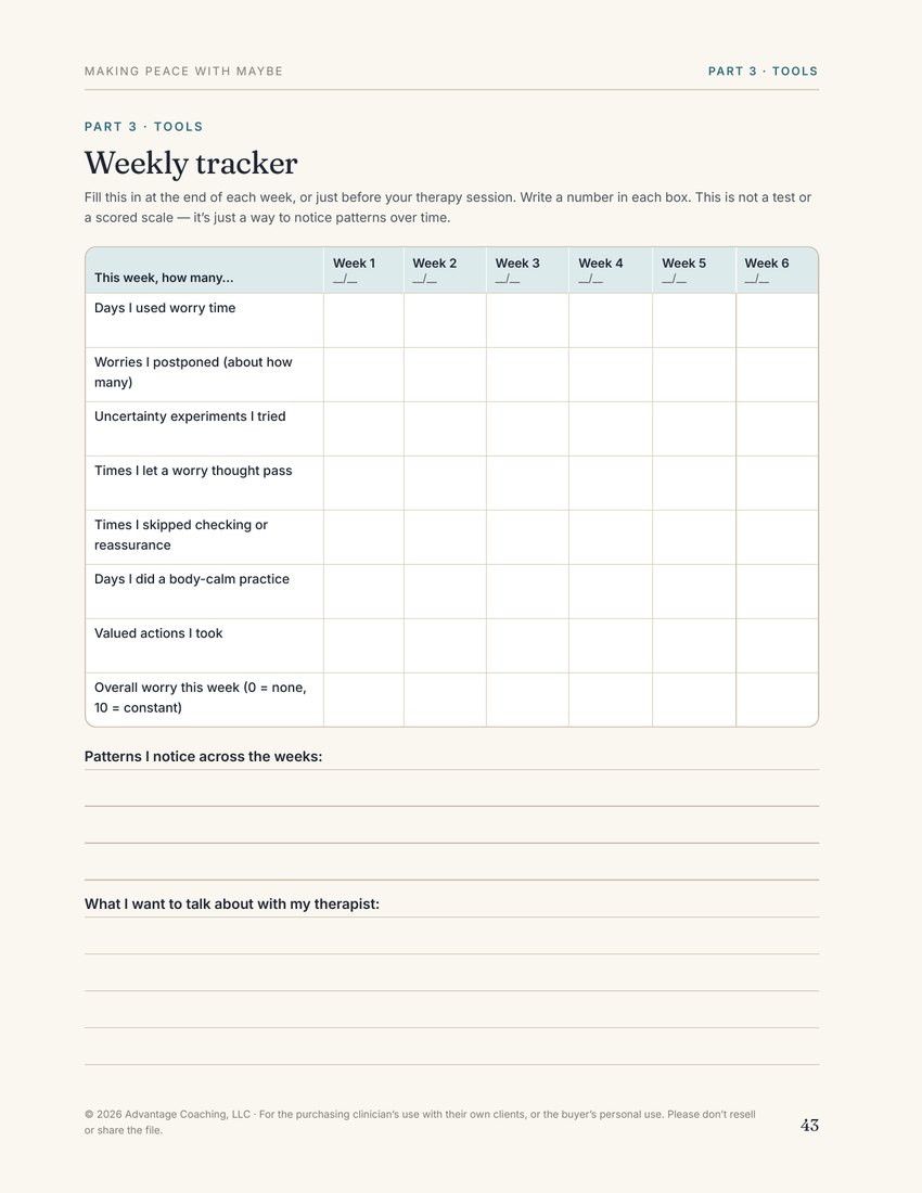 Preview of page 43, Weekly tracker, from Making Peace with Maybe
