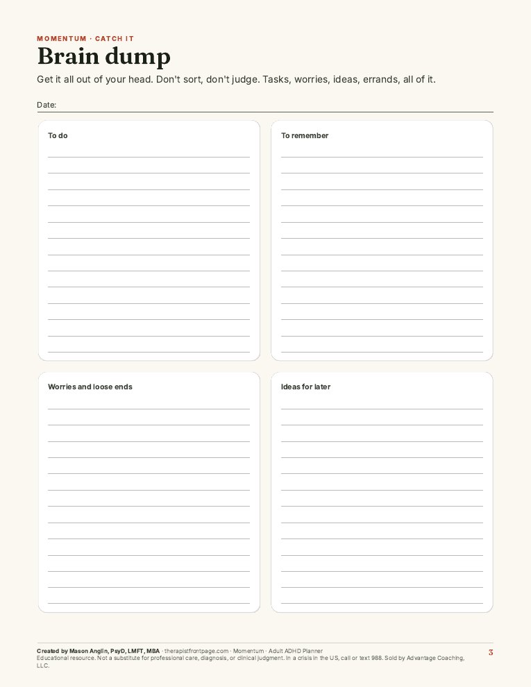 Preview of page 3, Brain dump, from Momentum: Adult ADHD Planner