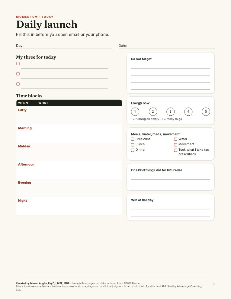 Preview of page 5, Daily launch, from Momentum: Adult ADHD Planner