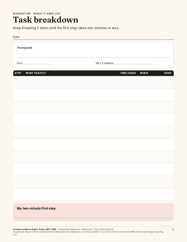 Preview of page 7, Task breakdown, from Momentum: Adult ADHD Planner