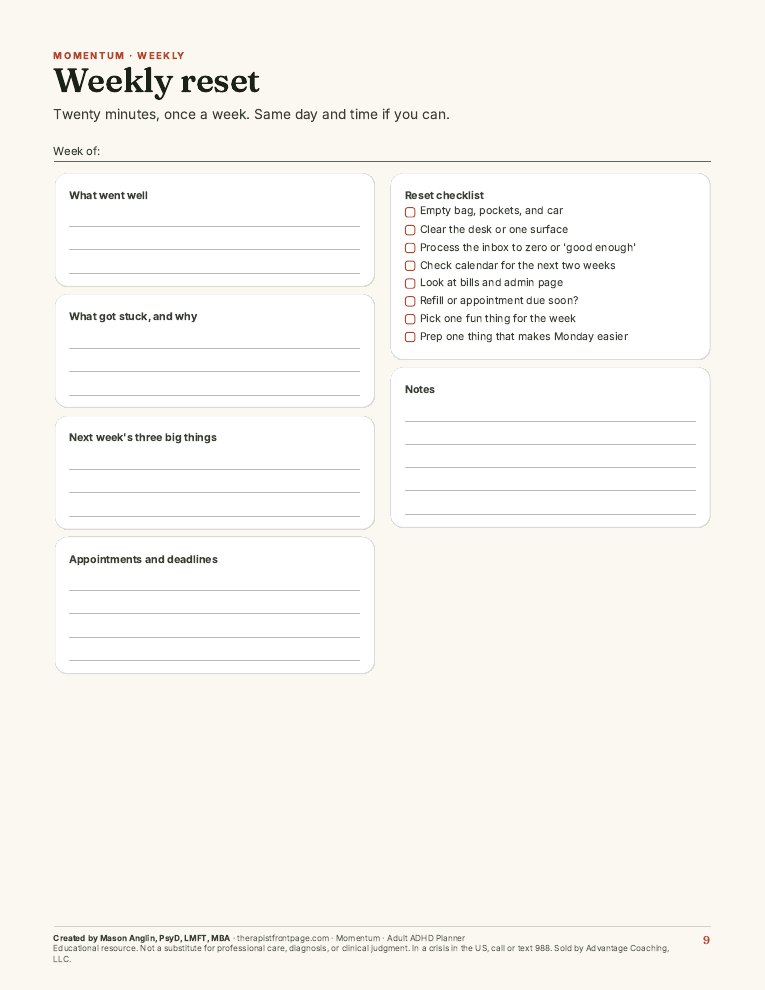 Preview of page 9, Weekly reset, from Momentum: Adult ADHD Planner