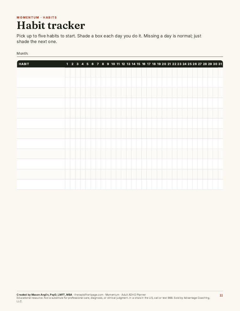 Preview of page 11, Habit tracker, from Momentum: Adult ADHD Planner