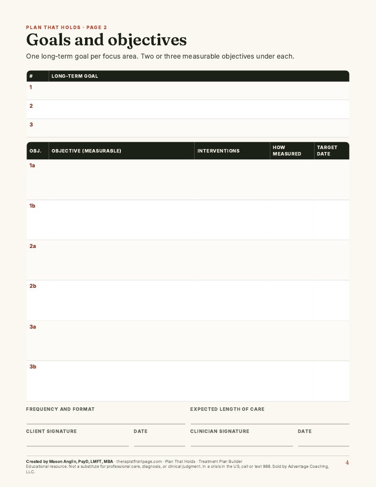 Preview of page 4, Treatment plan: goals and objectives, from Plan That Holds: Treatment Plan Builder