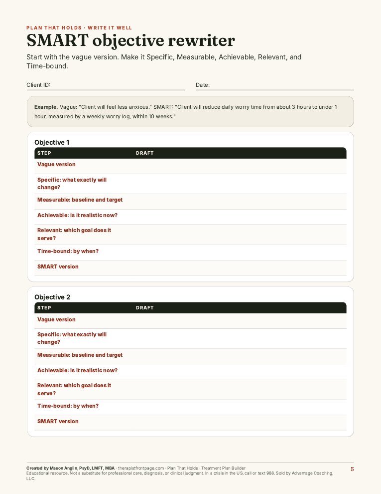 Preview of page 5, SMART objective rewriter, from Plan That Holds: Treatment Plan Builder